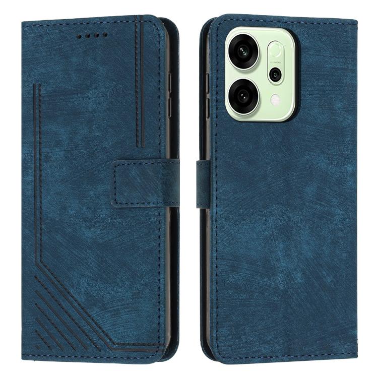 

For OPPO Reno14 Pro Global Skin Feel Stripe Pattern Leather Phone Case with Lanyard(Blue)
