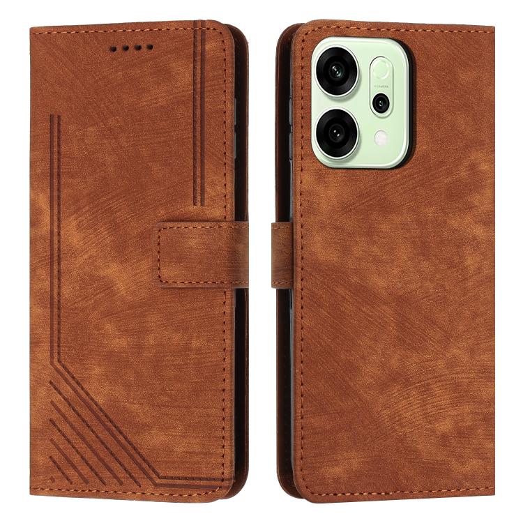 

For OPPO Reno14 Global / Reno14 F 5G Skin Feel Stripe Pattern Leather Phone Case with Long Lanyard(Brown)