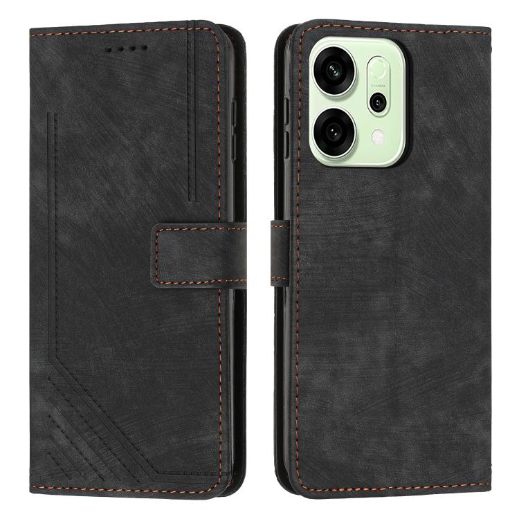 

For OPPO Reno14 Global / Reno14 F 5G Skin Feel Stripe Pattern Leather Phone Case with Lanyard(Black)