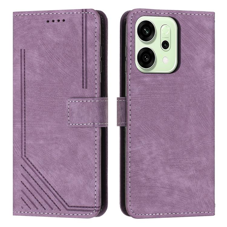 

For OPPO Reno14 Global / Reno14 F 5G Skin Feel Stripe Pattern Leather Phone Case with Lanyard(Purple)