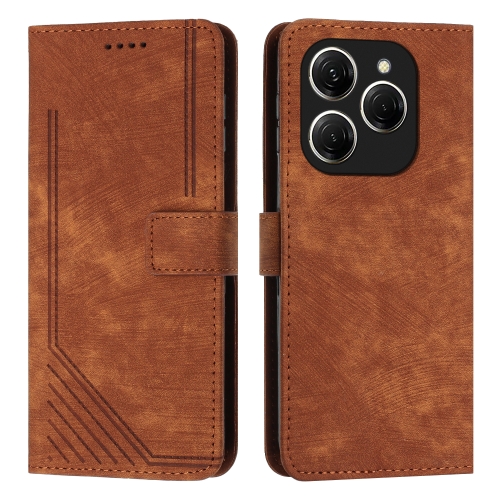 

For Tecno Spark 20 Pro Skin Feel Stripe Pattern Leather Phone Case with Long Lanyard(Brown)