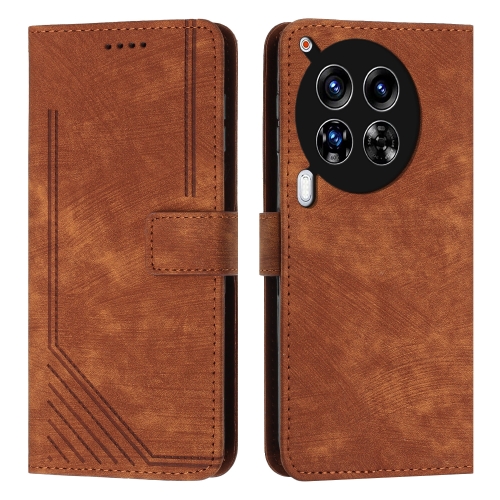 For Tecno Camon 30 Premier Skin Feel Stripe Pattern Leather Phone Case with Long Lanyard(Brown)