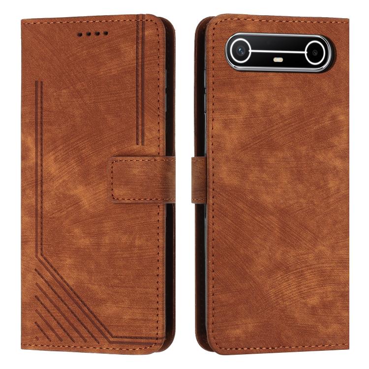 

For Tenco Spark Slim 5G Skin Feel Stripe Pattern Leather Phone Case with Lanyard(Brown)