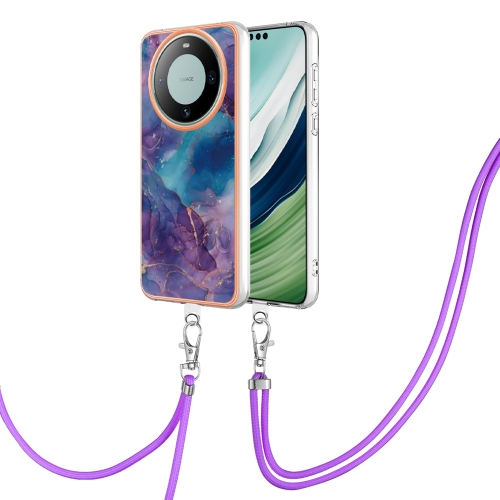 

For Huawei Mate 60 Pro Electroplating Marble Dual-side IMD Phone Case with Lanyard(Purple 016)