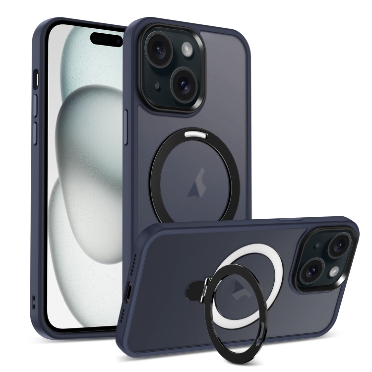 

For iPhone 15 Skin-feel MagSafe Holder PC Hybrid TPU Phone Case(Dark Blue)