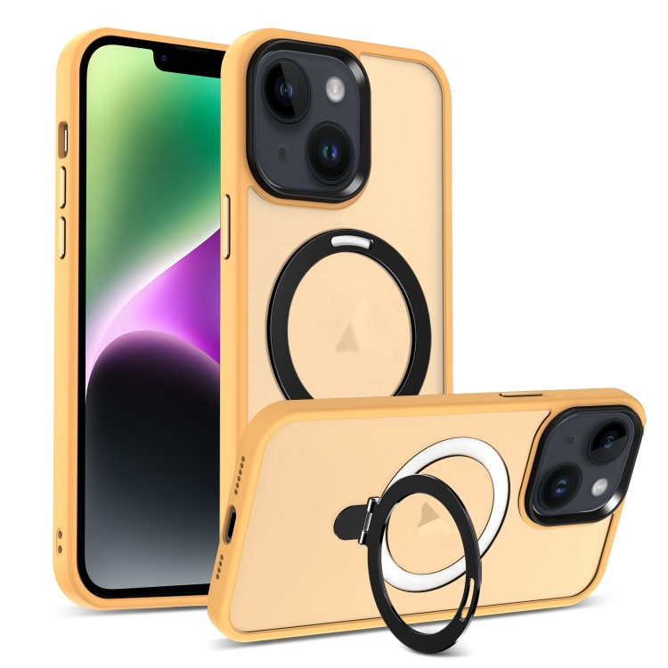 

For iPhone 14 Plus Skin-feel MagSafe Holder PC Hybrid TPU Phone Case(Orange)