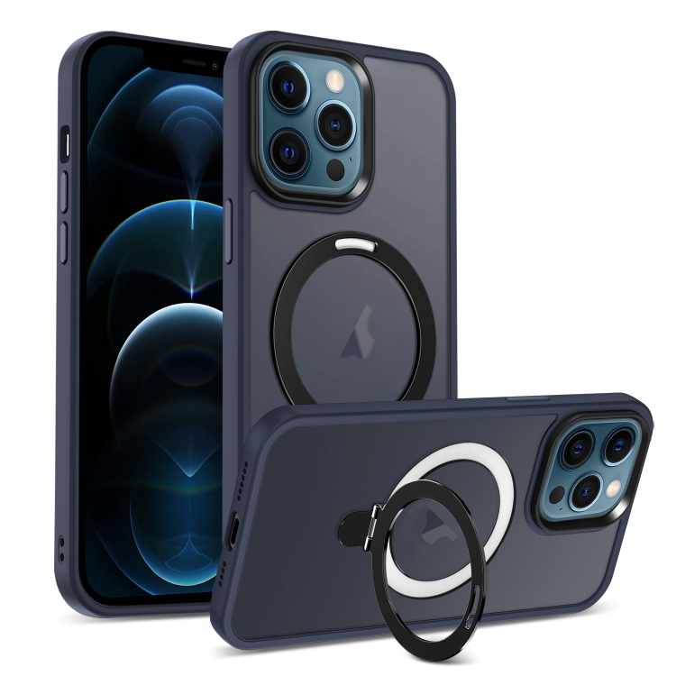 

For iPhone 12 Pro Max MagSafe Holder Skin-feel PC Hybrid TPU Phone Case(Dark Blue)