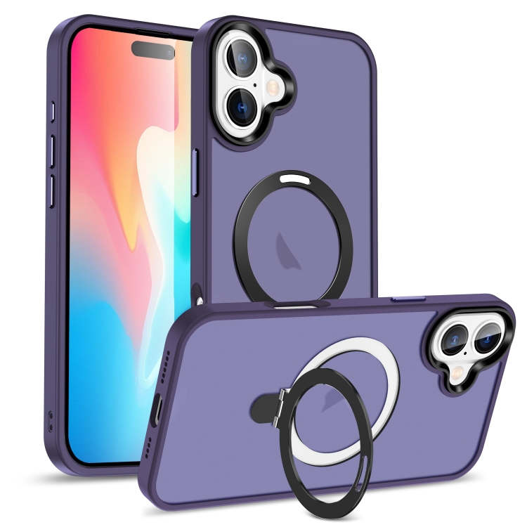 

For iPhone 16 Skin-feel MagSafe Holder PC Hybrid TPU Phone Case(Dark Purple)