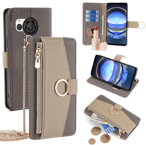 

For Sharp Aquos R8 SH-52D Crossbody Litchi Texture Leather Phone Case(Grey)