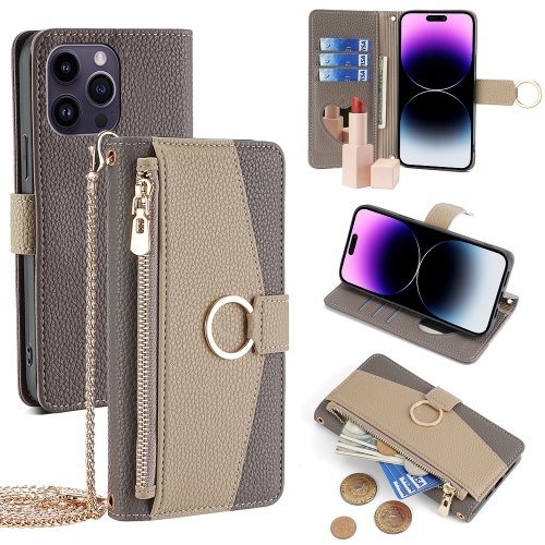 

For iPhone 14 Pro Max Crossbody Litchi Texture Leather Phone Case(Grey)