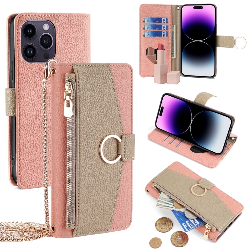 

For iPhone 14 Pro Max Crossbody Litchi Texture Leather Phone Case(Pink)