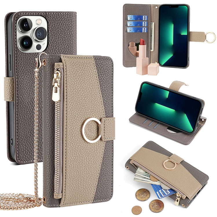 

For iPhone 13 Pro Max Crossbody Litchi Texture Leather Phone Case(Grey)