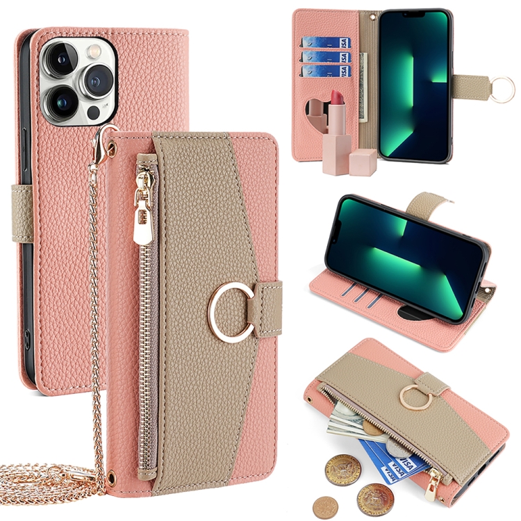 

For iPhone 13 Pro Max Crossbody Litchi Texture Leather Phone Case(Pink)