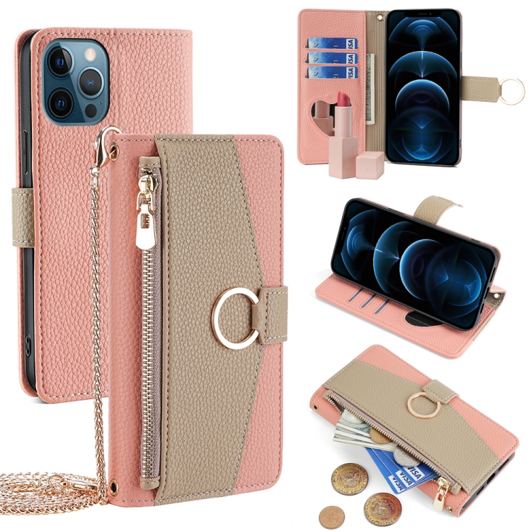 

For iPhone 12 Pro Max Crossbody Litchi Texture Leather Phone Case(Pink)