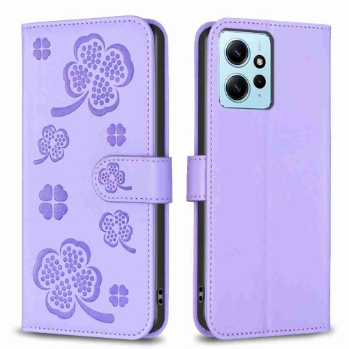 

For Xiaomi Redmi Note 12 4G Global Four-leaf Embossed Leather Phone Case(Purple)