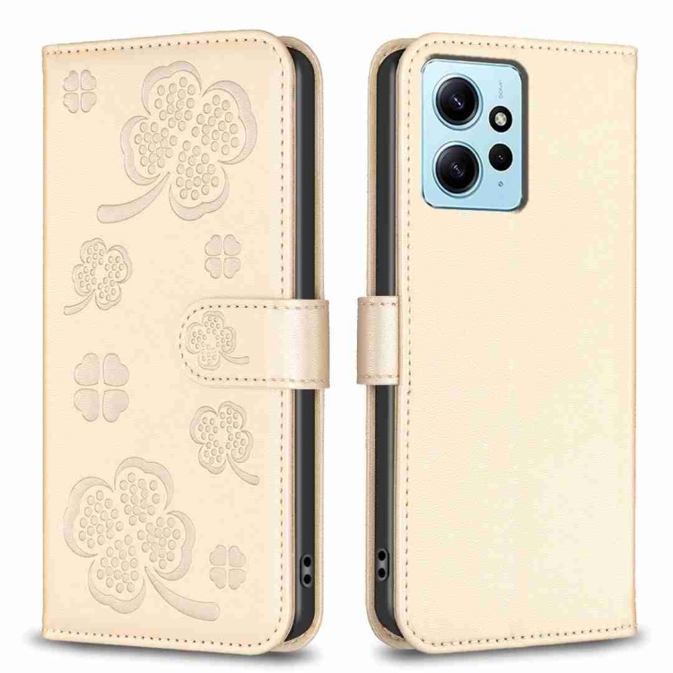 

For Xiaomi Redmi Note 12 4G Global Four-leaf Embossed Leather Phone Case(Gold)
