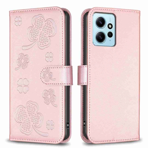 

For Xiaomi Redmi Note 12 4G Global Four-leaf Embossed Leather Phone Case(Pink)