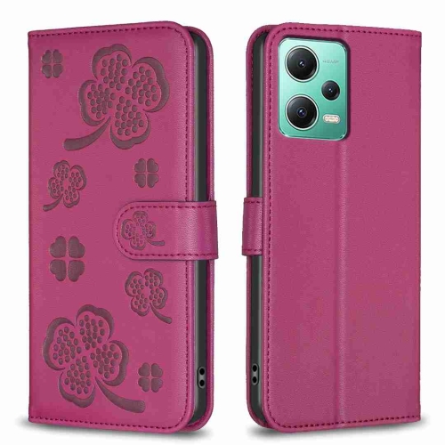 Para Xiaomi Redmi Note 13 4G Global Funda de cuero con relieve de cuatro  hojas (púrpura)