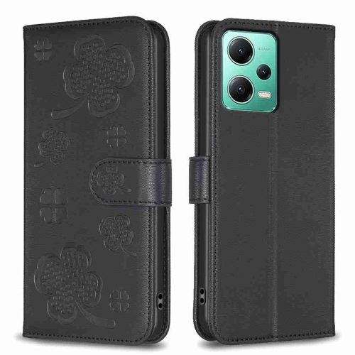 

For Xiaomi Redmi Note 12 5G Global Four-leaf Embossed Leather Phone Case(Black)