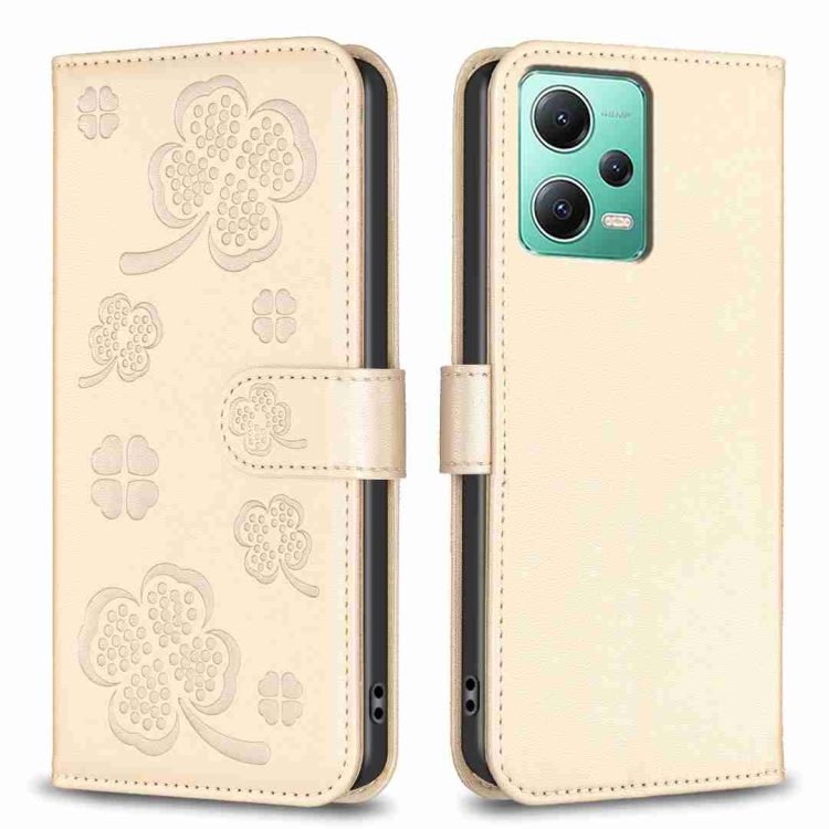 

For Xiaomi Redmi Note 12 5G Global Four-leaf Embossed Leather Phone Case(Gold)