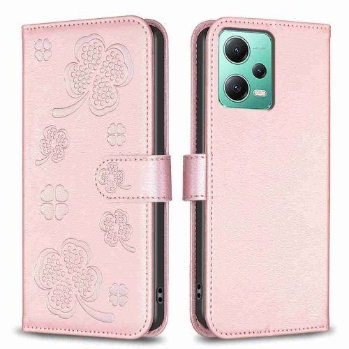

For Xiaomi Redmi Note 12 5G Global Four-leaf Embossed Leather Phone Case(Pink)