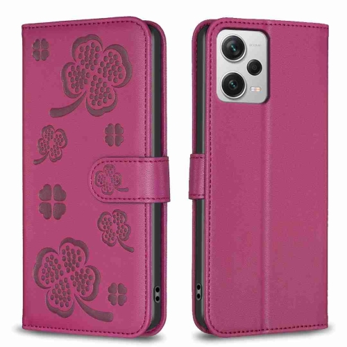 

For Xiaomi Redmi Note 12 Pro+ 5G Global Four-leaf Embossed Leather Phone Case(Rose Red)