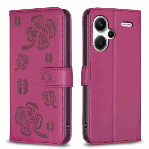 

For Xiaomi Redmi Note 13 Pro+ 5G Four-leaf Embossed Leather Phone Case(Rose Red)