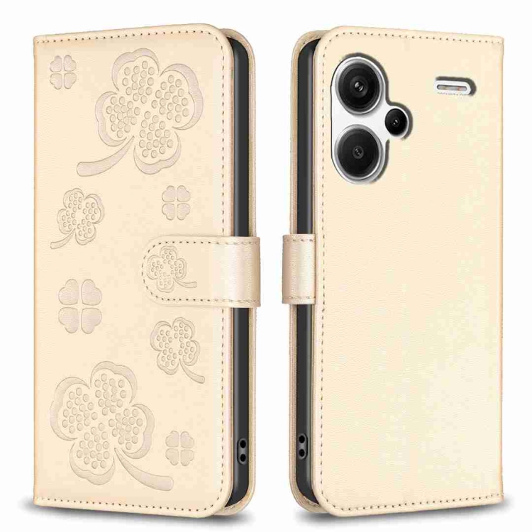 

For Xiaomi Redmi Note 13 Pro+ 5G Four-leaf Embossed Leather Phone Case(Gold)