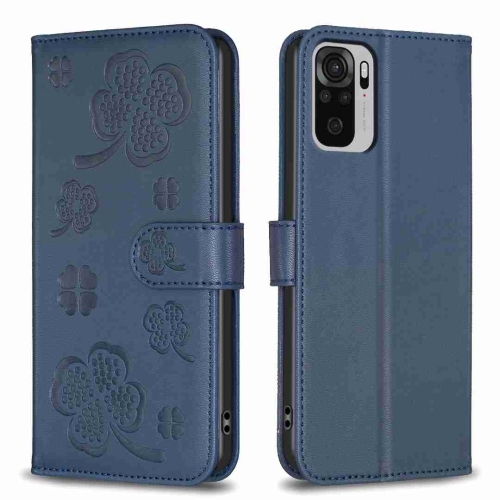 

For Xiaomi Redmi Note 10 4G / 10S Four-leaf Embossed Leather Phone Case(Blue)