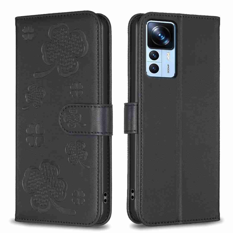 

For Xiaomi 12T / 12T Pro Four-leaf Embossed Leather Phone Case(Black)