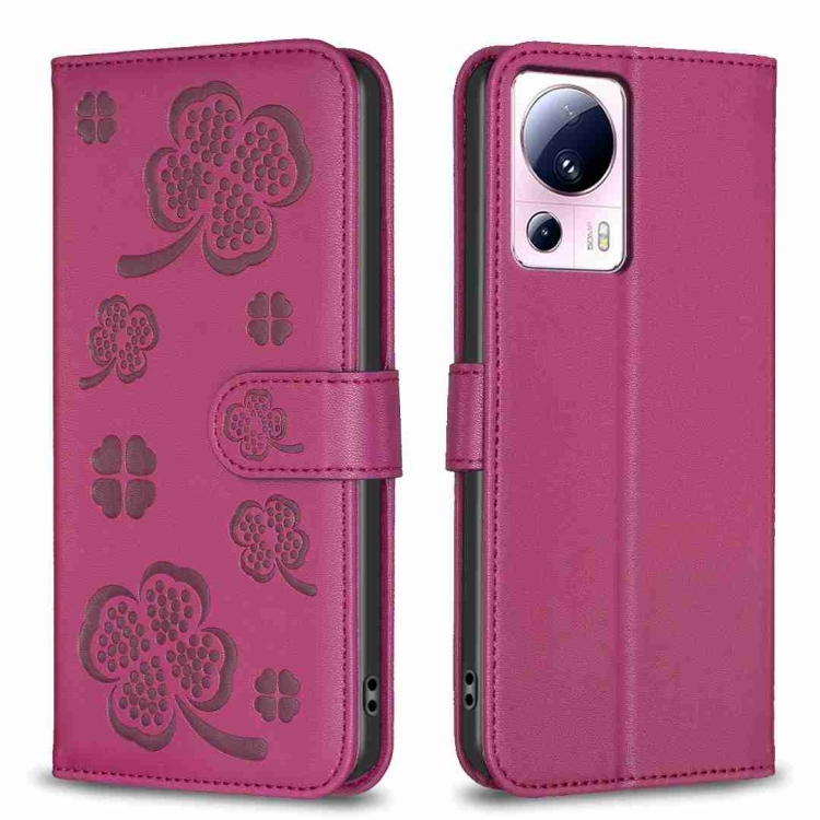 

For Xiaomi 13 Lite 5G Four-leaf Embossed Leather Phone Case(Rose Red)