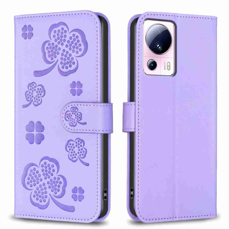 

For Xiaomi 13 Lite 5G Four-leaf Embossed Leather Phone Case(Purple)