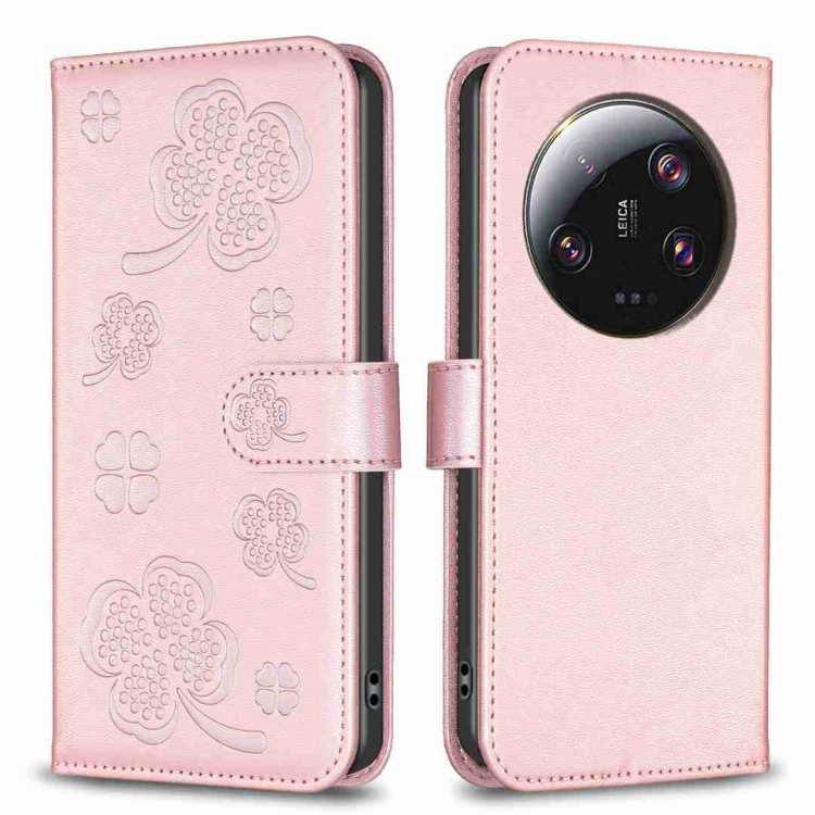 

For Xiaomi 13 Ultra Four-leaf Embossed Leather Phone Case(Pink)