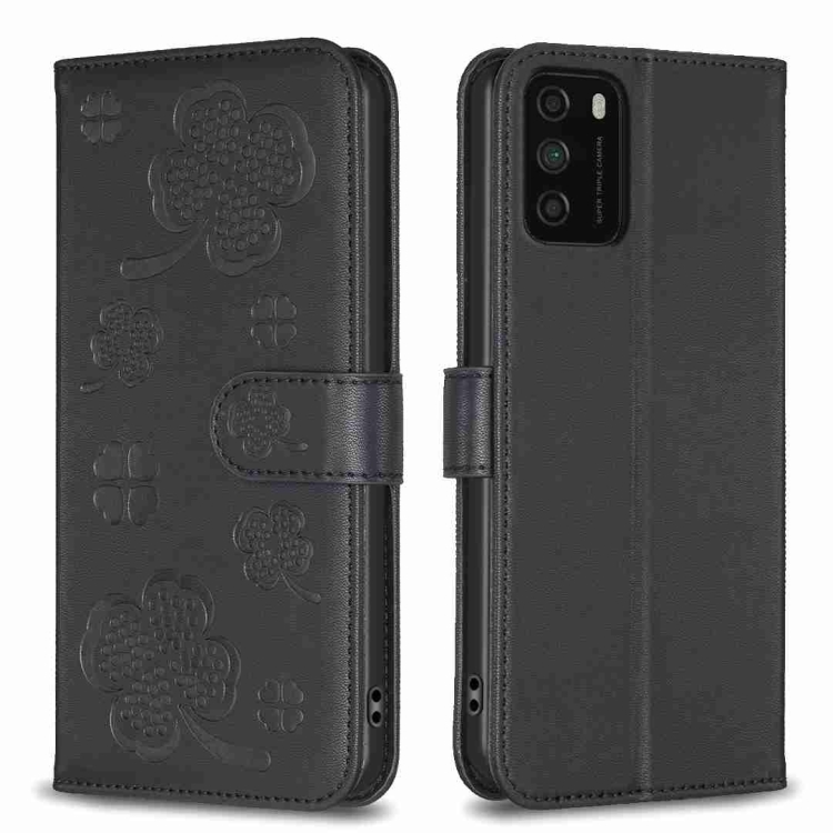 

For Xiaomi Poco M3 Four-leaf Embossed Leather Phone Case(Black)