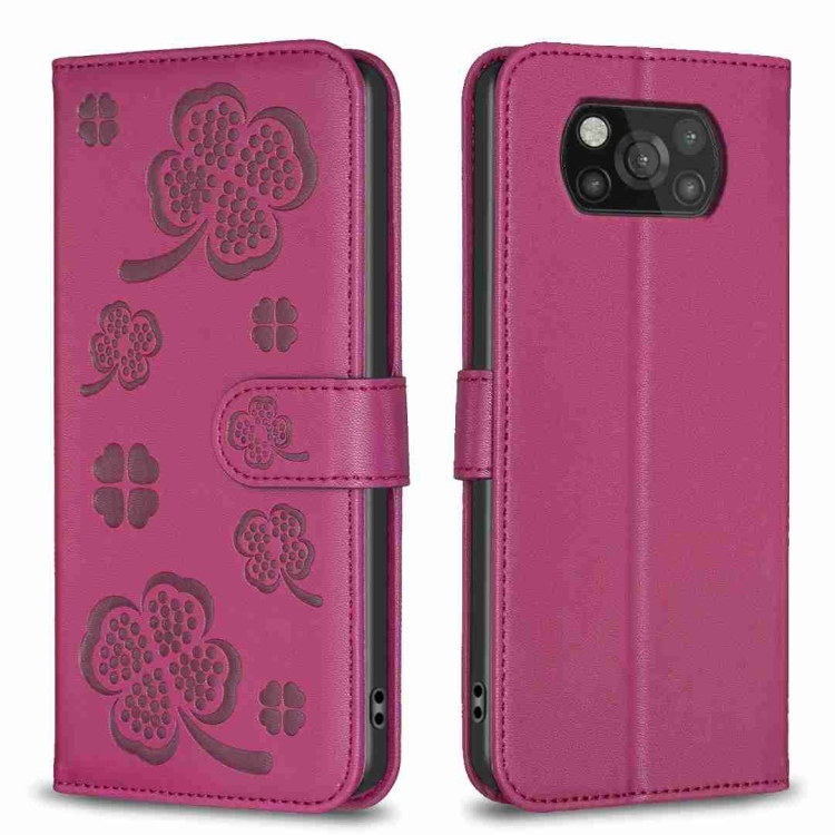 

For Xiaomi Poco X3 Four-leaf Embossed Leather Phone Case(Rose Red)