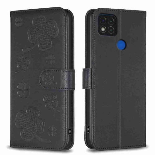 

For Xiaomi Redmi 9C / 10A Four-leaf Embossed Leather Phone Case(Black)