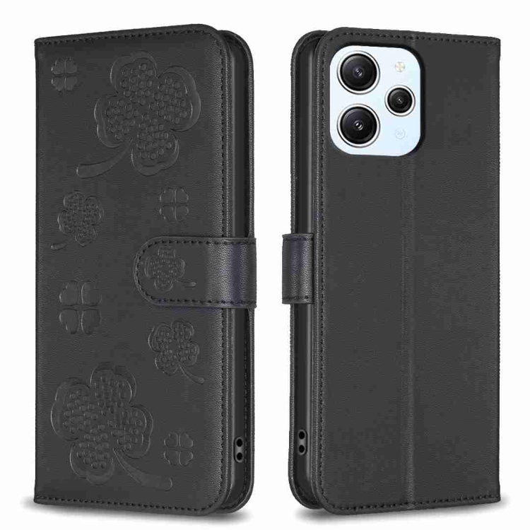 

For Xiaomi Redmi 12 4G Four-leaf Embossed Leather Phone Case(Black)