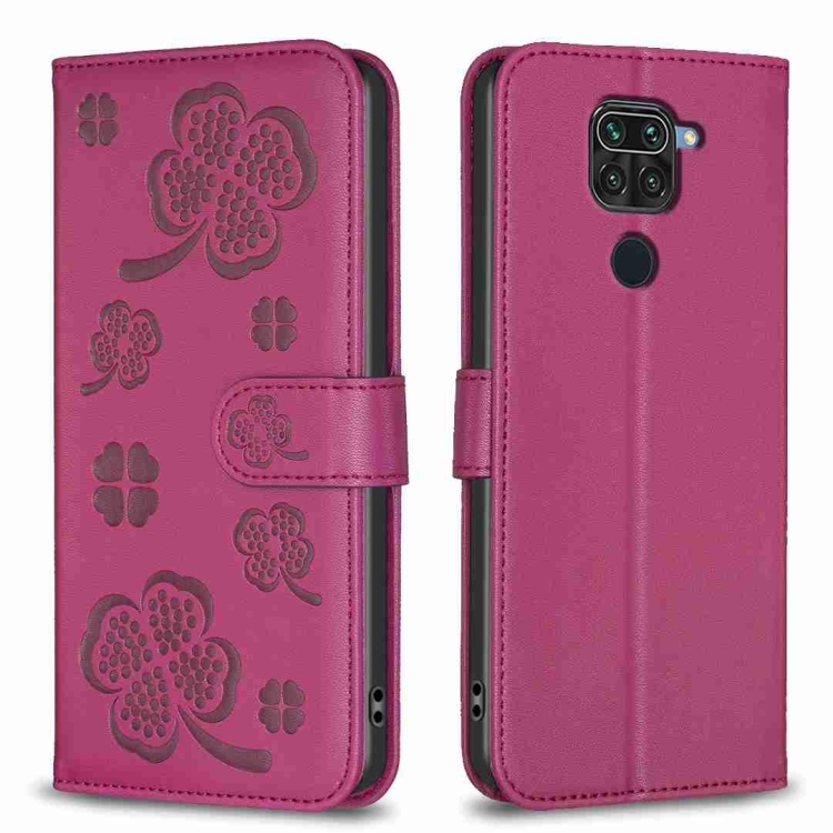 

For Xiaomi Redmi Note 9 Four-leaf Embossed Leather Phone Case(Rose Red)