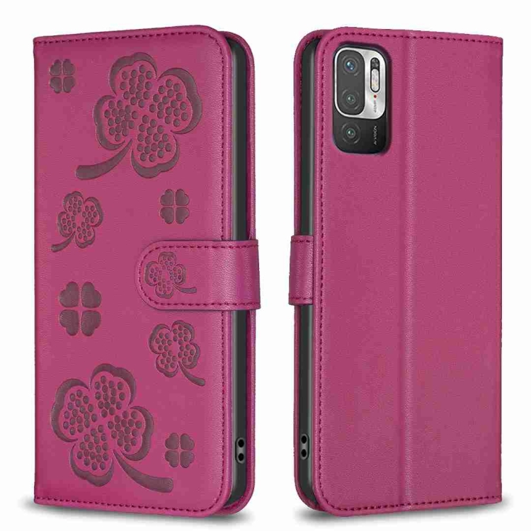 

For Xiaomi Redmi Note 10 5G Four-leaf Embossed Leather Phone Case(Rose Red)