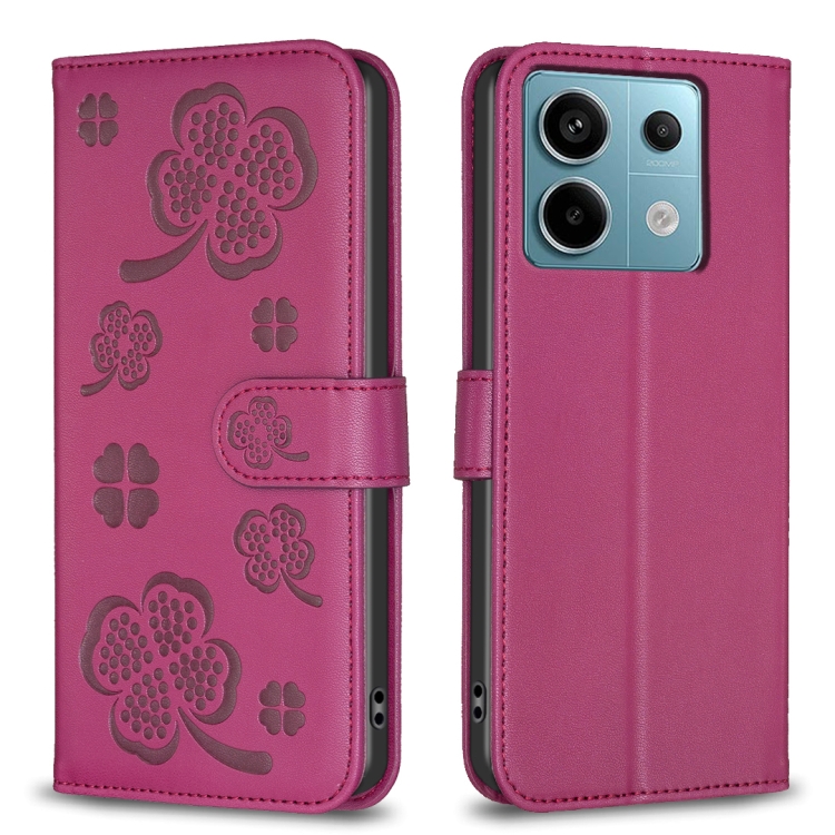 

For Xiaomi Redmi Note 13 Pro 4G Global Four-leaf Embossed Leather Phone Case(Rose Red)