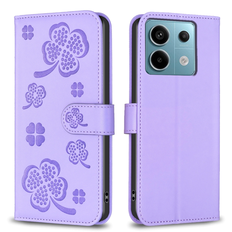 

For Xiaomi Redmi Note 13 Pro 4G Global Four-leaf Embossed Leather Phone Case(Purple)
