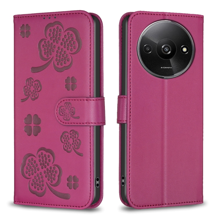 

For Xiaomi Redmi A3 Four-leaf Embossed Leather Phone Case(Rose Red)