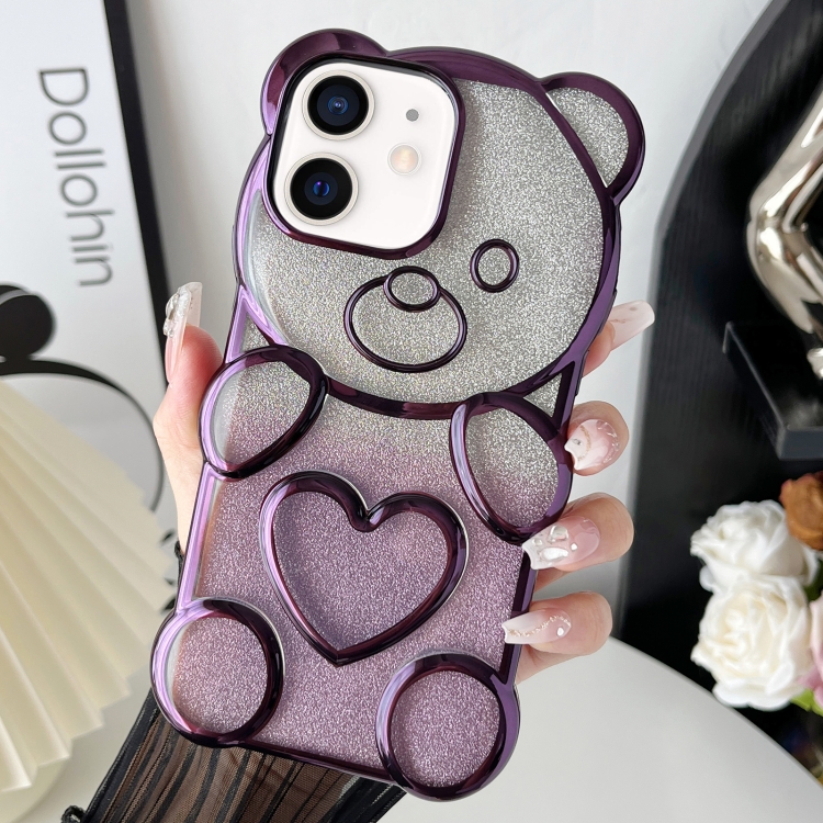 

For iPhone 12 Bear Shape Electroplated TPU Phone Case with Gradient Glitter Paper(Purple)