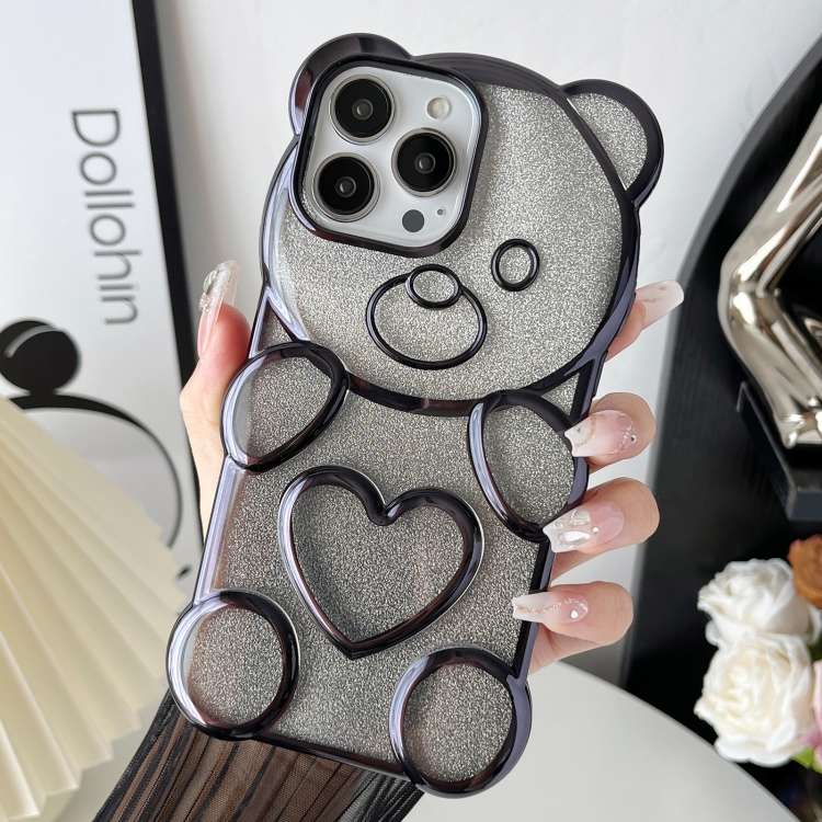 

For iPhone 12 Pro Bear Shape Electroplated TPU Phone Case with Gradient Glitter Paper(Black)