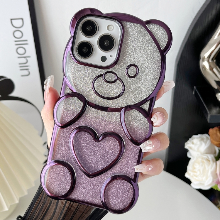 

For iPhone 12 Pro Bear Shape Electroplated TPU Phone Case with Gradient Glitter Paper(Purple)