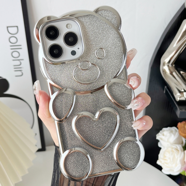 

For iPhone 13 Pro Bear Shape Electroplated TPU Phone Case with Gradient Glitter Paper(Silver)