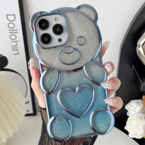 

For iPhone 13 Pro Bear Shape Electroplated TPU Phone Case with Gradient Glitter Paper(Blue)