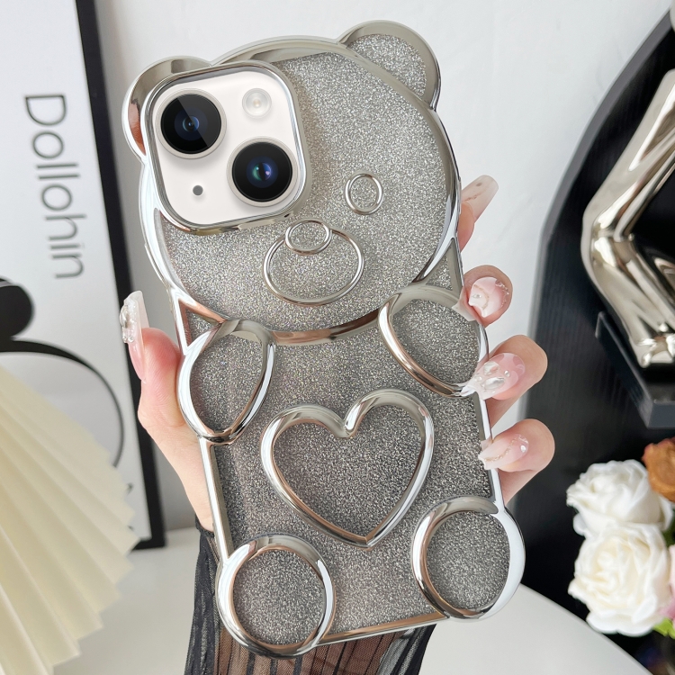

For iPhone 14 Bear Shape Electroplated TPU Phone Case with Gradient Glitter Paper(Silver)