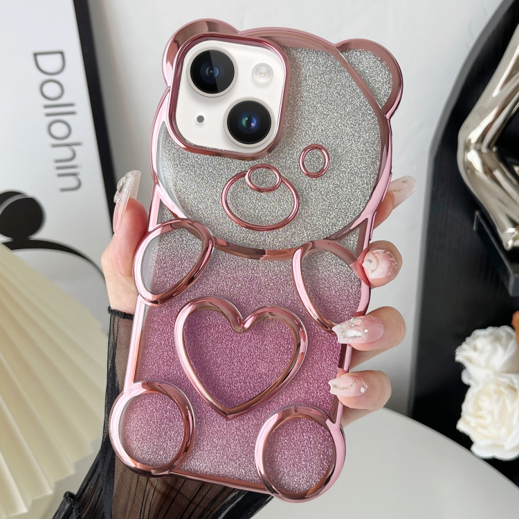 

For iPhone 14 Bear Shape Electroplated TPU Phone Case with Gradient Glitter Paper(Pink)