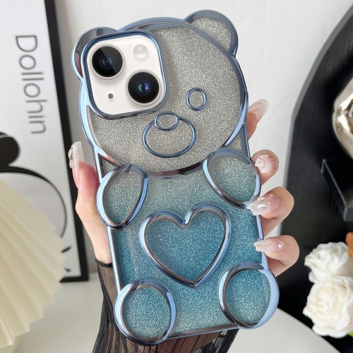 

For iPhone 14 Bear Shape Electroplated TPU Phone Case with Gradient Glitter Paper(Blue)
